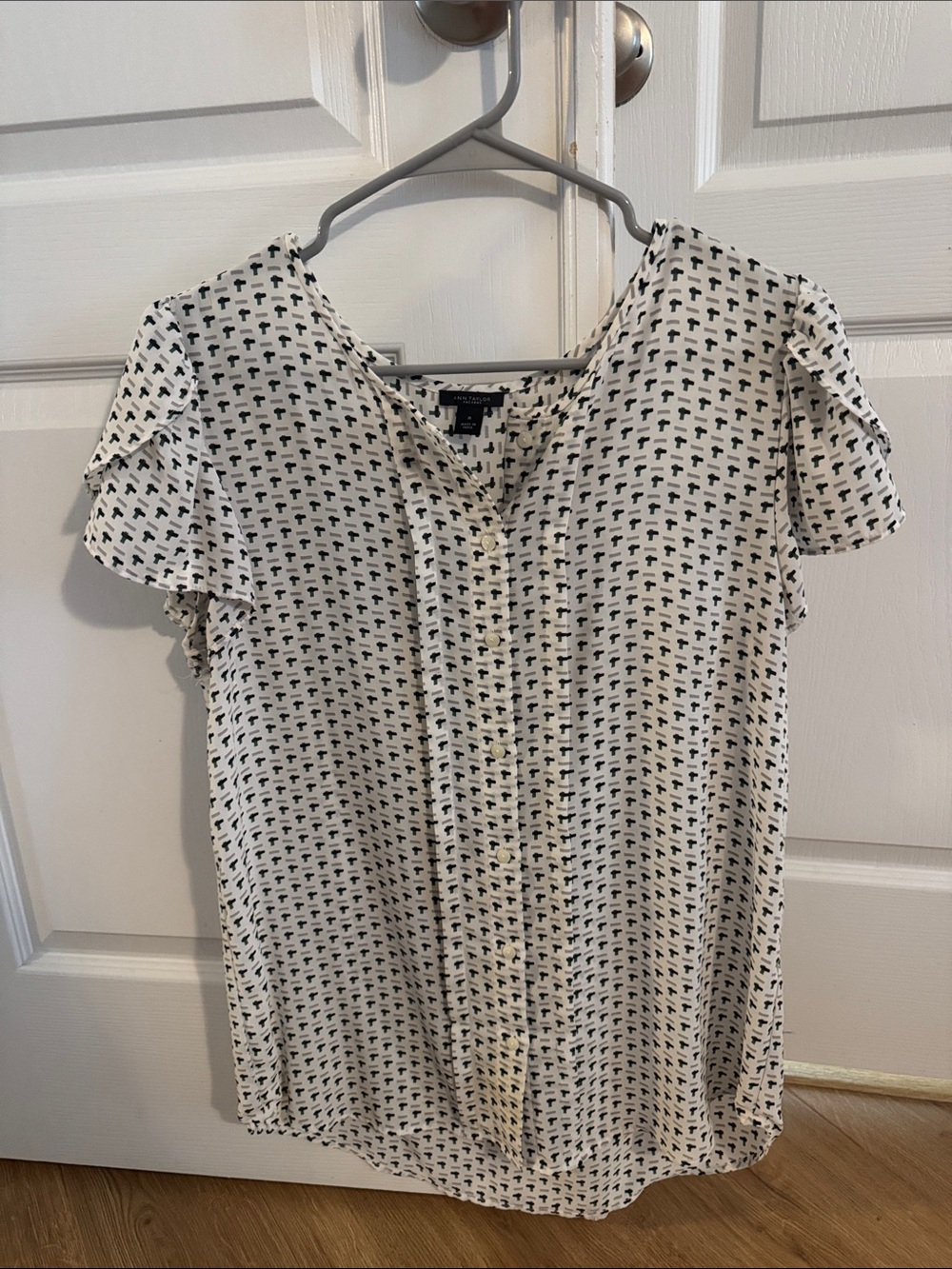 Ann Taylor Factory White Blouse with Black Micro Tee Print